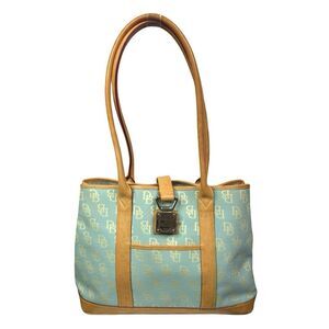 Vintage Dooney & Bourke Signature Print Turquoise Push Lock Bag 12.5”x9.5”x4.5”